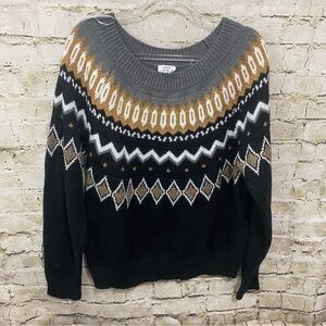 Crown & Ivy Gray Black Gold Metallic Fair Isle Sweater
